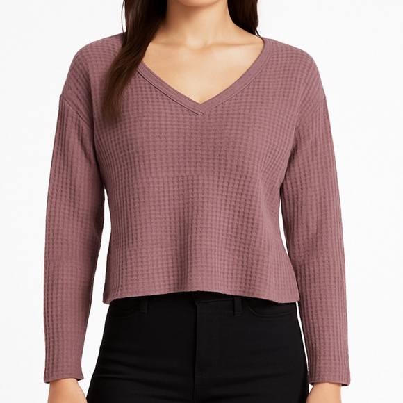 🌺 Sweet Lilac Waffle Knit Mauve V-Neck Pullover Sweater Small Boxy Cropped - Picture 1 of 9